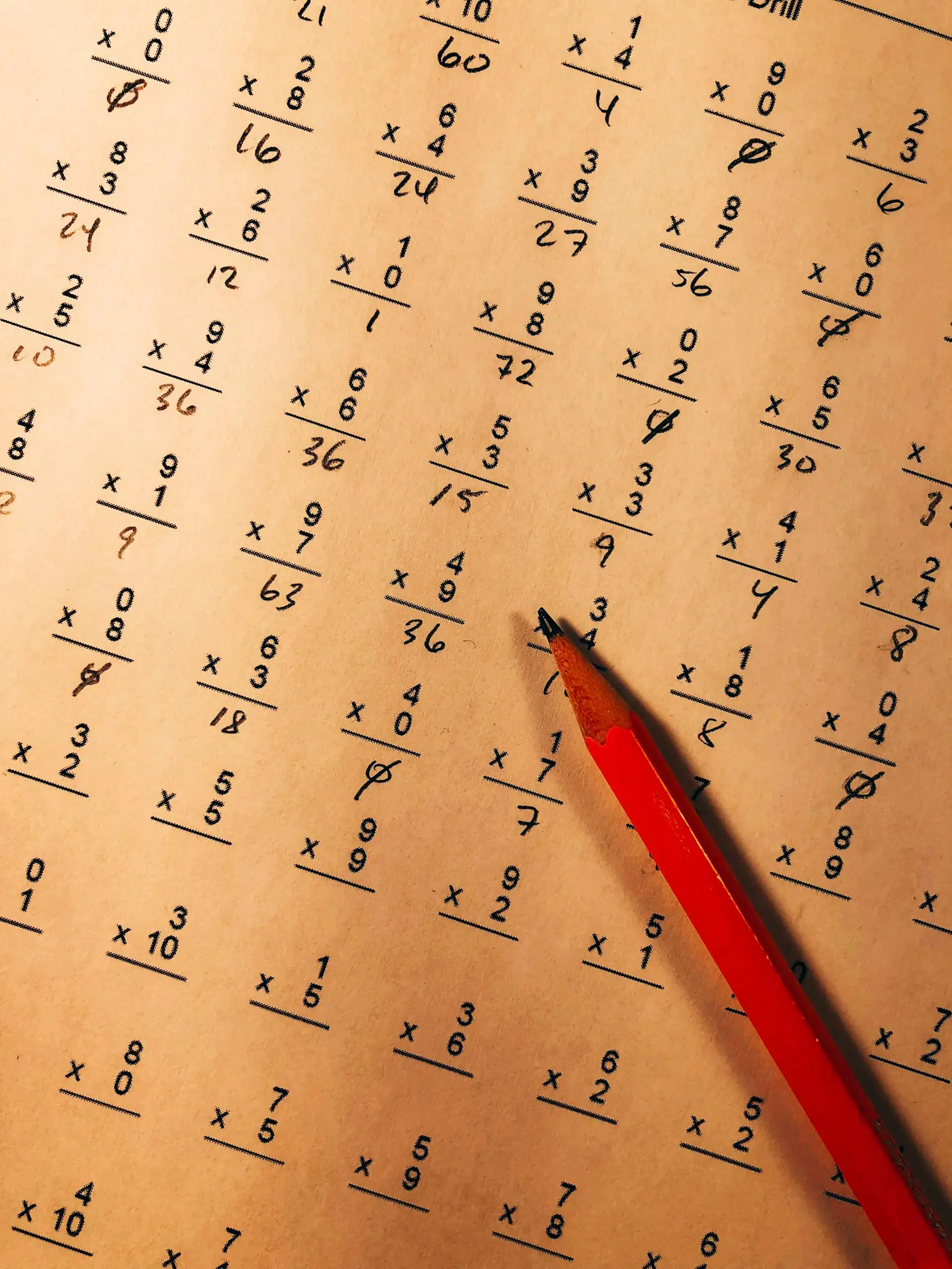Red pencil on a times-table worksheet