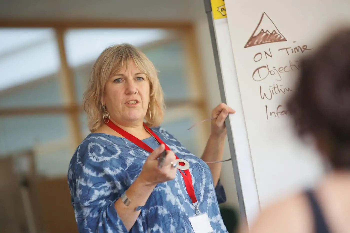 A teacher explaining a point at a whiteboard